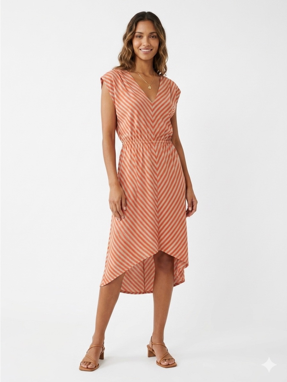 REMAIN Tan Orange Inverted Diagonal Stripe T Shirt Dress S Small $75 EUC KL